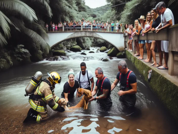 Turistas se unem a bombeiros e protagonizam salvamento emocionante de cachorro em córrego de Poços de Caldas, MG