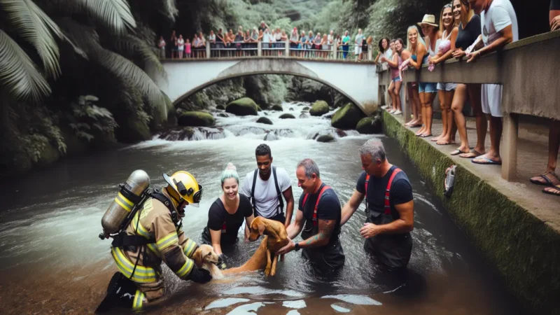 Turistas se unem a bombeiros e protagonizam salvamento emocionante de cachorro em córrego de Poços de Caldas, MG