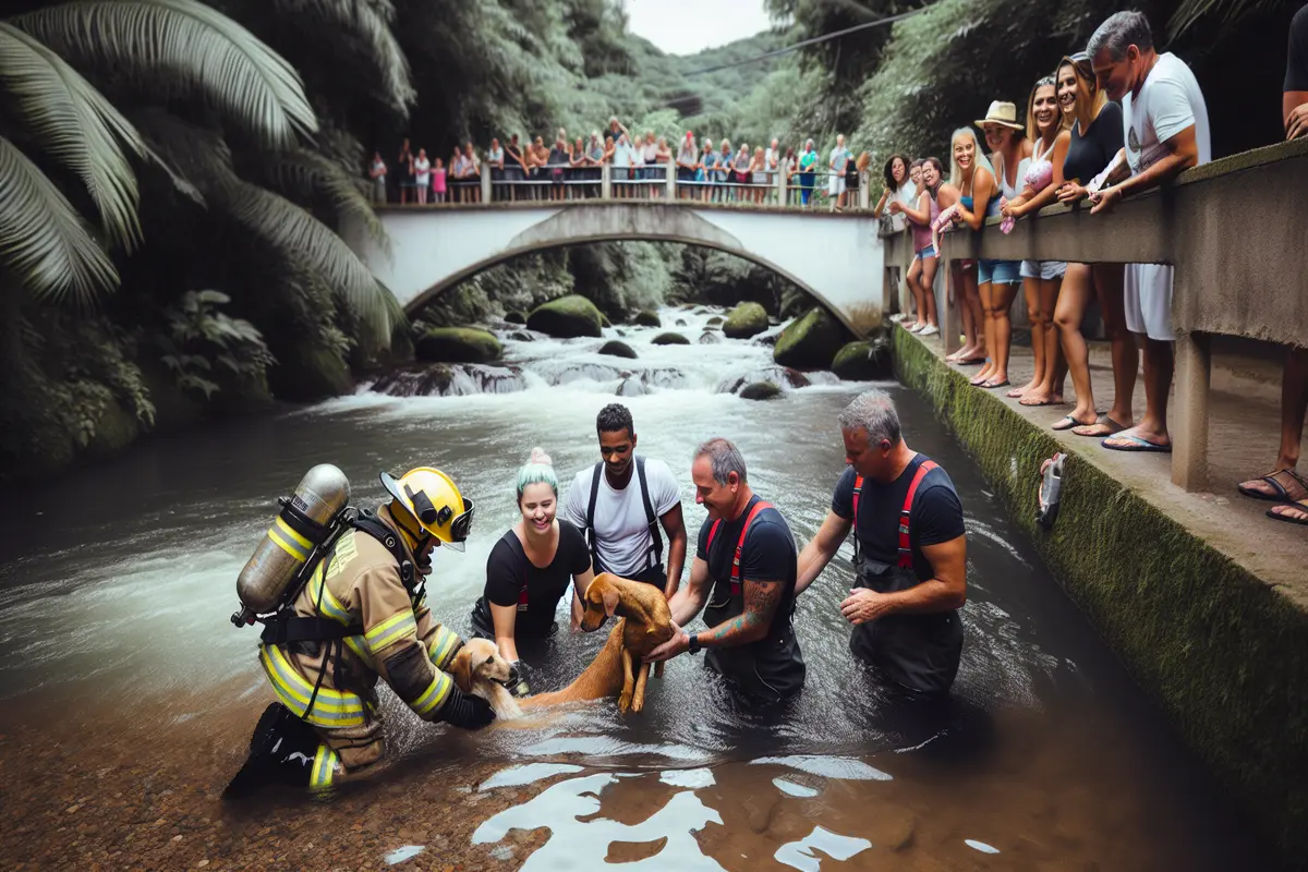 Turistas se unem a bombeiros e protagonizam salvamento emocionante de cachorro em córrego de Poços de Caldas, MG
