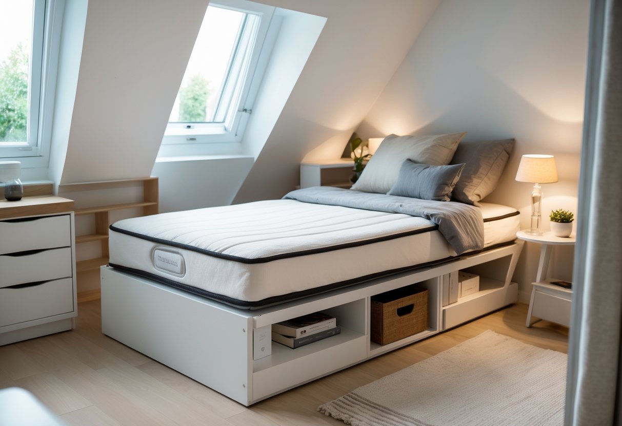 Quarto compacto com cama box solteiro arrumada, iluminação natural e móveis funcionais ao redor.
